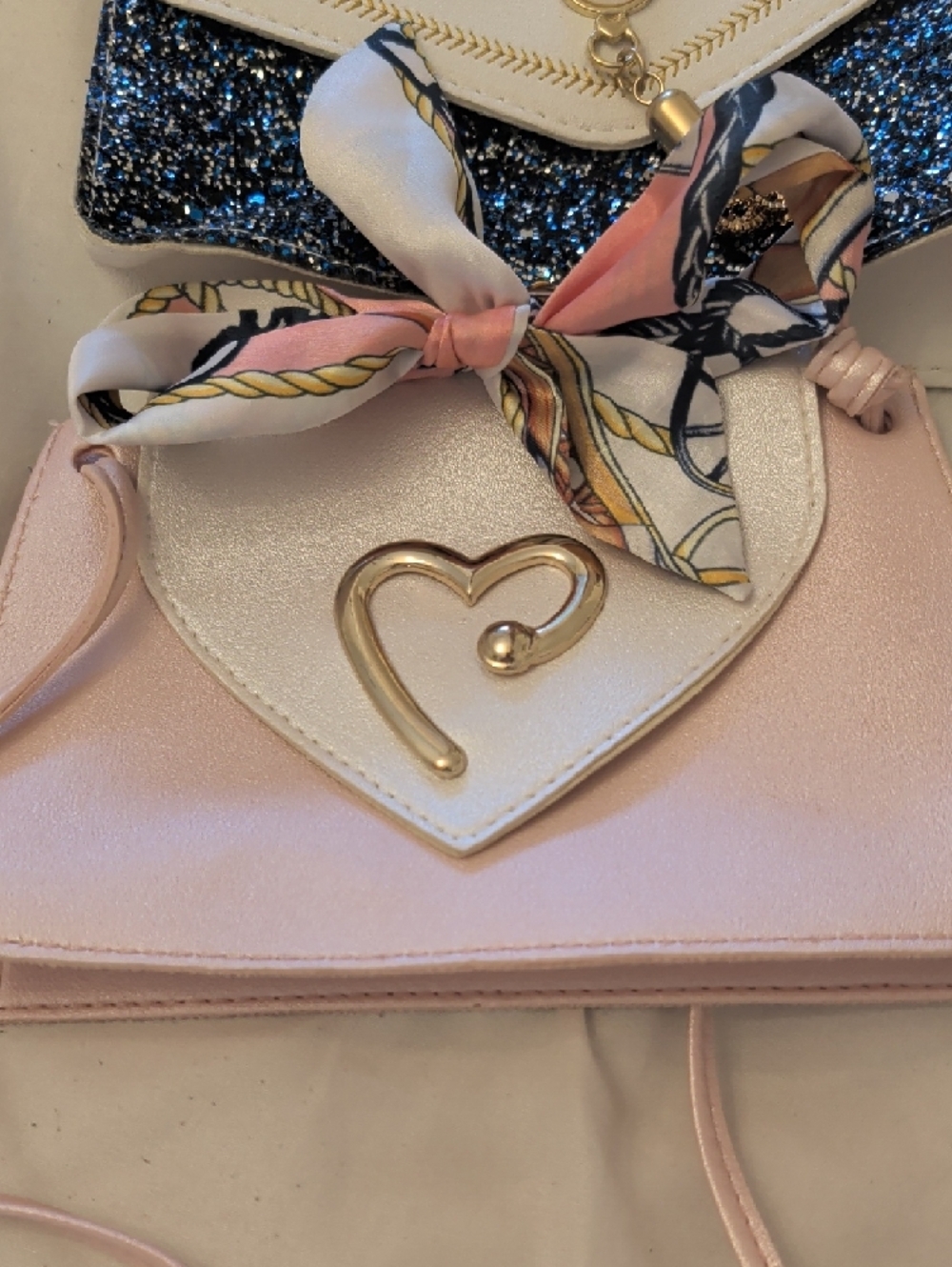 Women's White and Pink Crossbody Bag Set - Fashion Scarf Detail Set Of 3 - Picture 5 of 10
